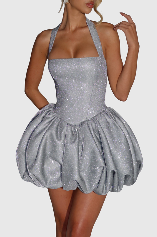 Qataya Halter Glitter Puff Mini Dress