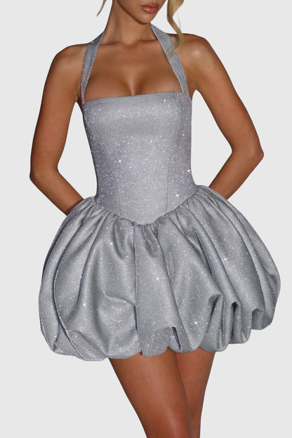 Qataya Halter Glitter Puff Mini Dress