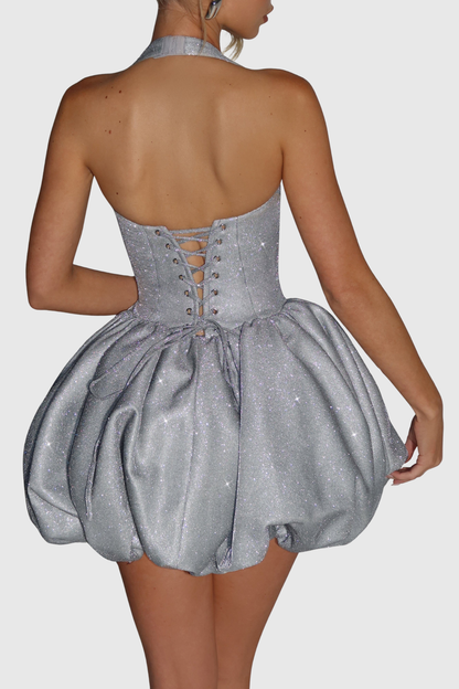 Qataya Halter Glitter Puff Mini Dress