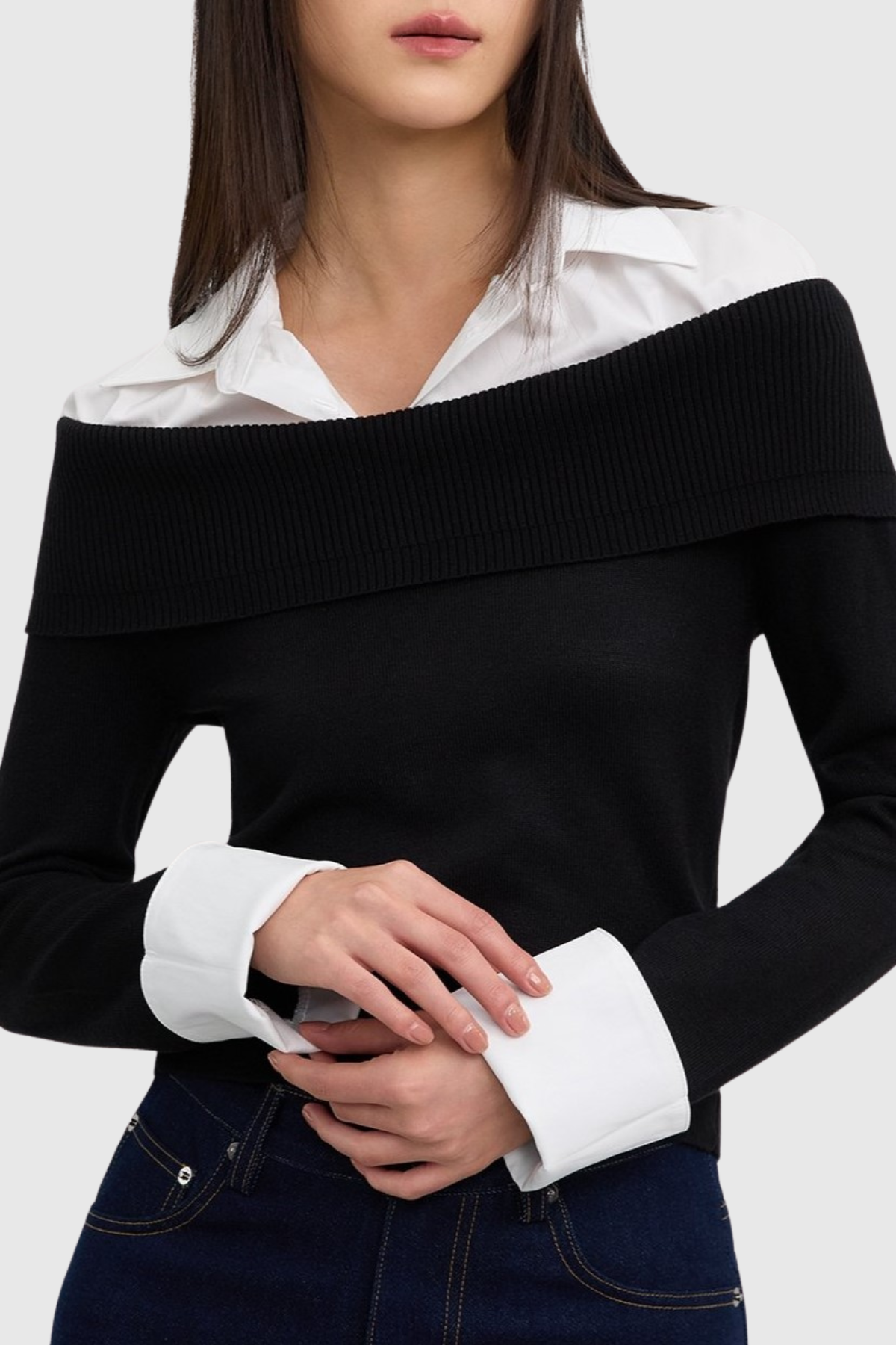 Quentia Off Shoulder Knit Shirt - Black
