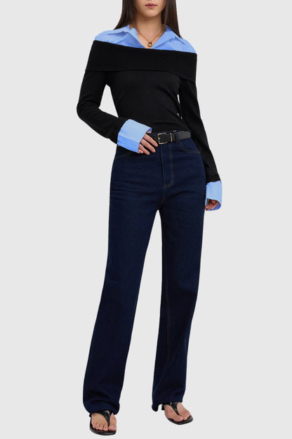Quentia Off Shoulder Knit Shirt - Blue