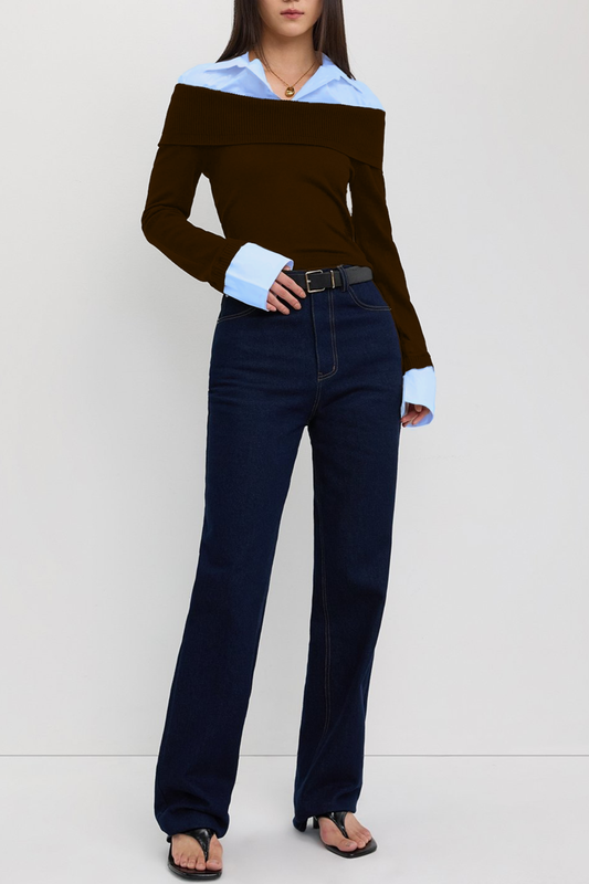 Quentia Off Shoulder Knit Shirt - Brown
