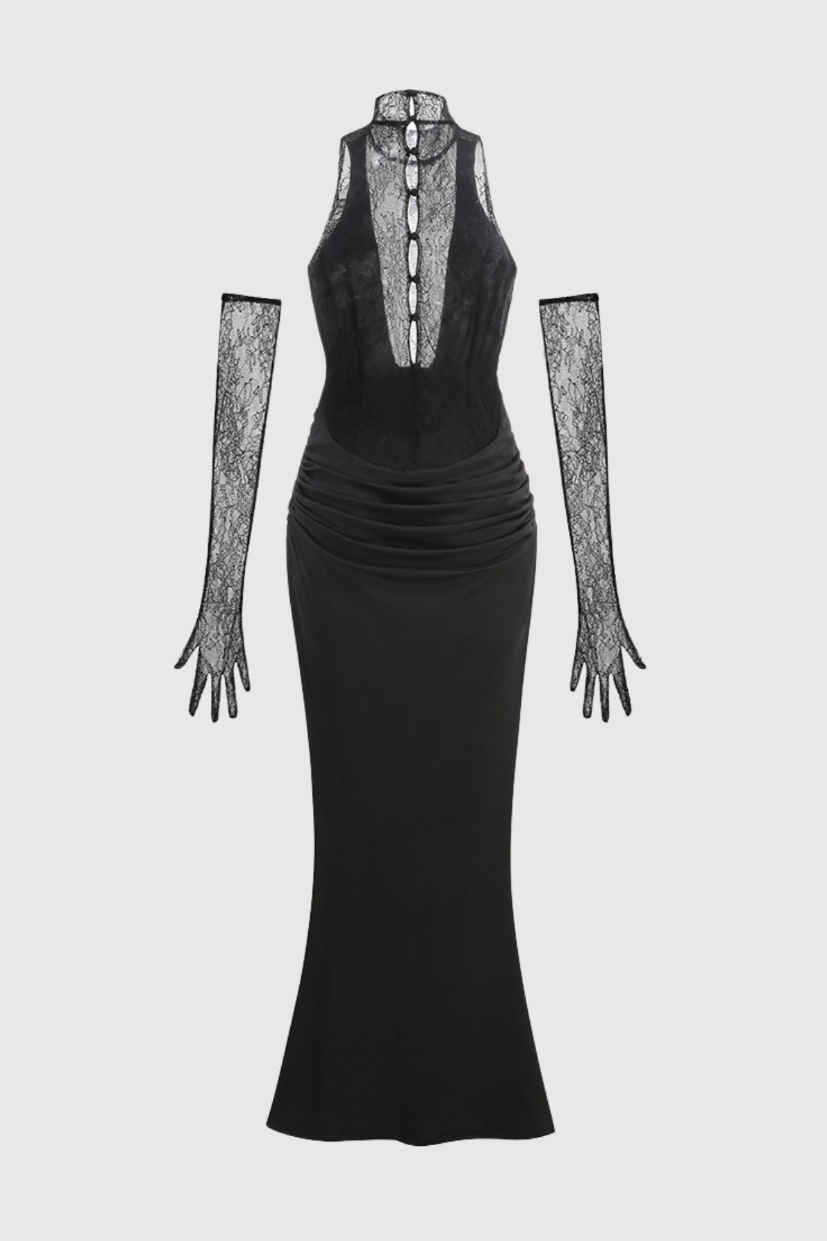 Quera Halter Lace Ruched Maxi Dress - Black