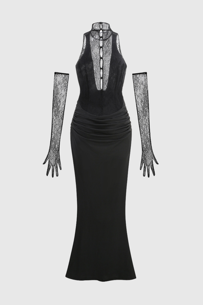 Quera Halter Lace Ruched Maxi Dress - Black