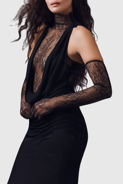 Quera Halter Lace Ruched Maxi Dress - Black