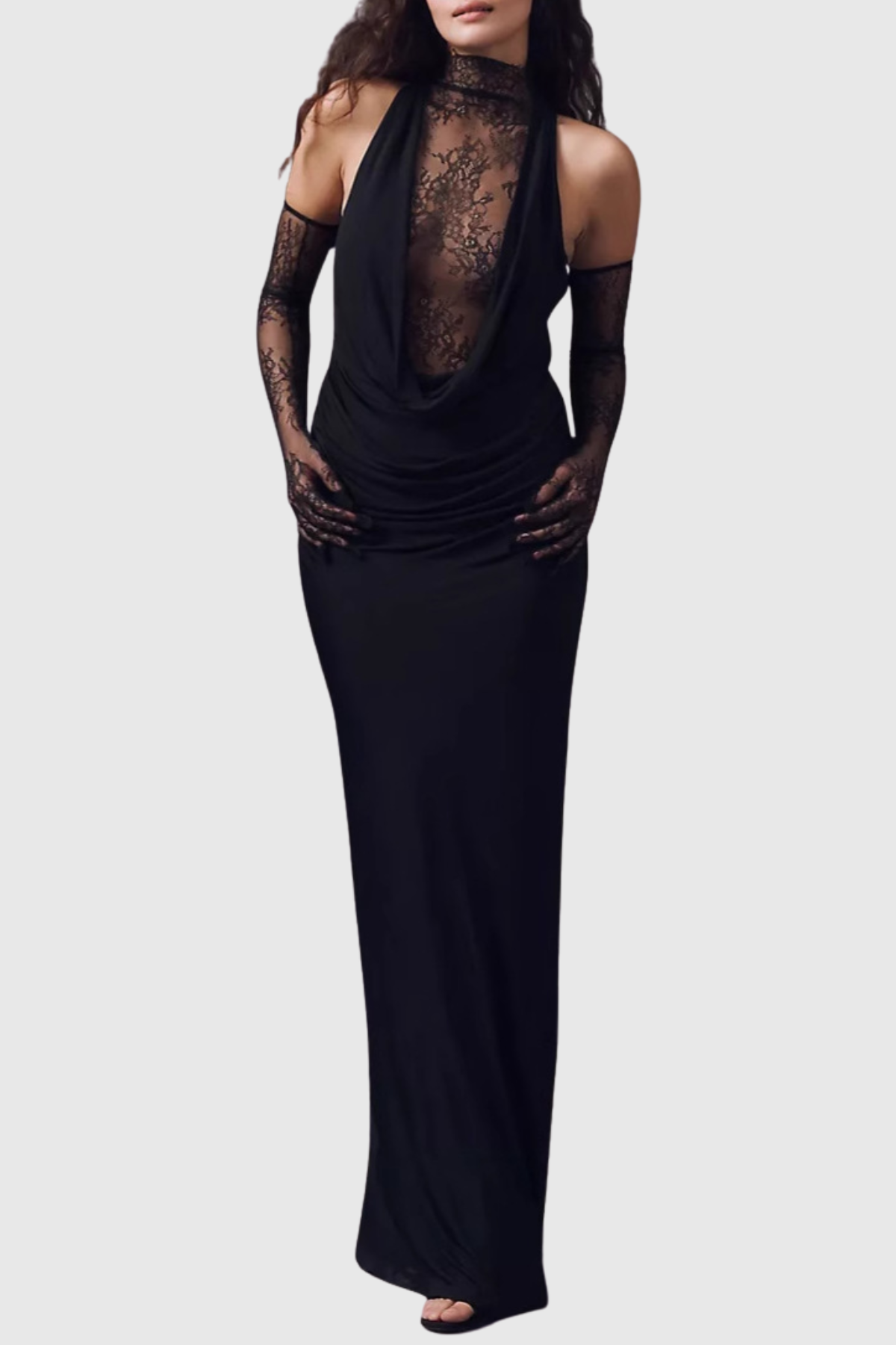 Quera Halter Lace Ruched Maxi Dress - Black