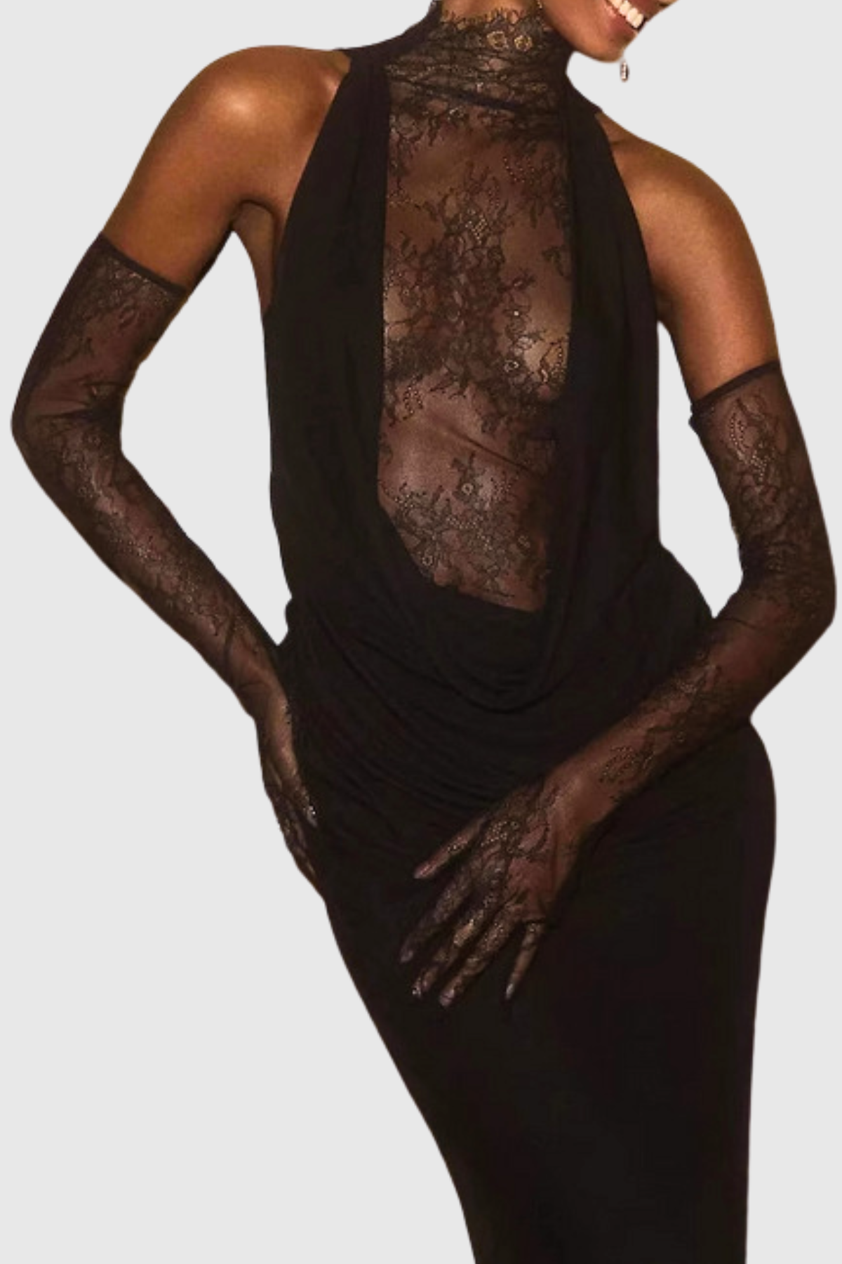 Quera Halter Lace Ruched Maxi Dress - Black