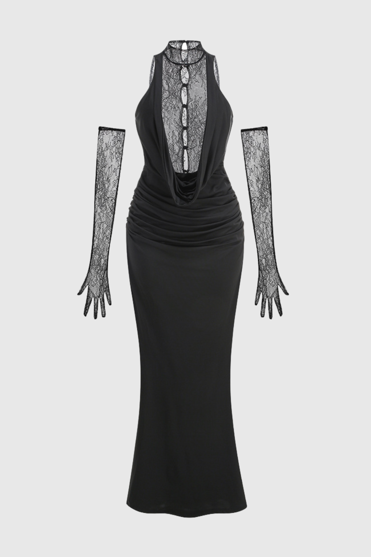 Quera Halter Lace Ruched Maxi Dress - Black