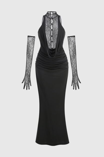 Quera Halter Lace Ruched Maxi Dress - Black