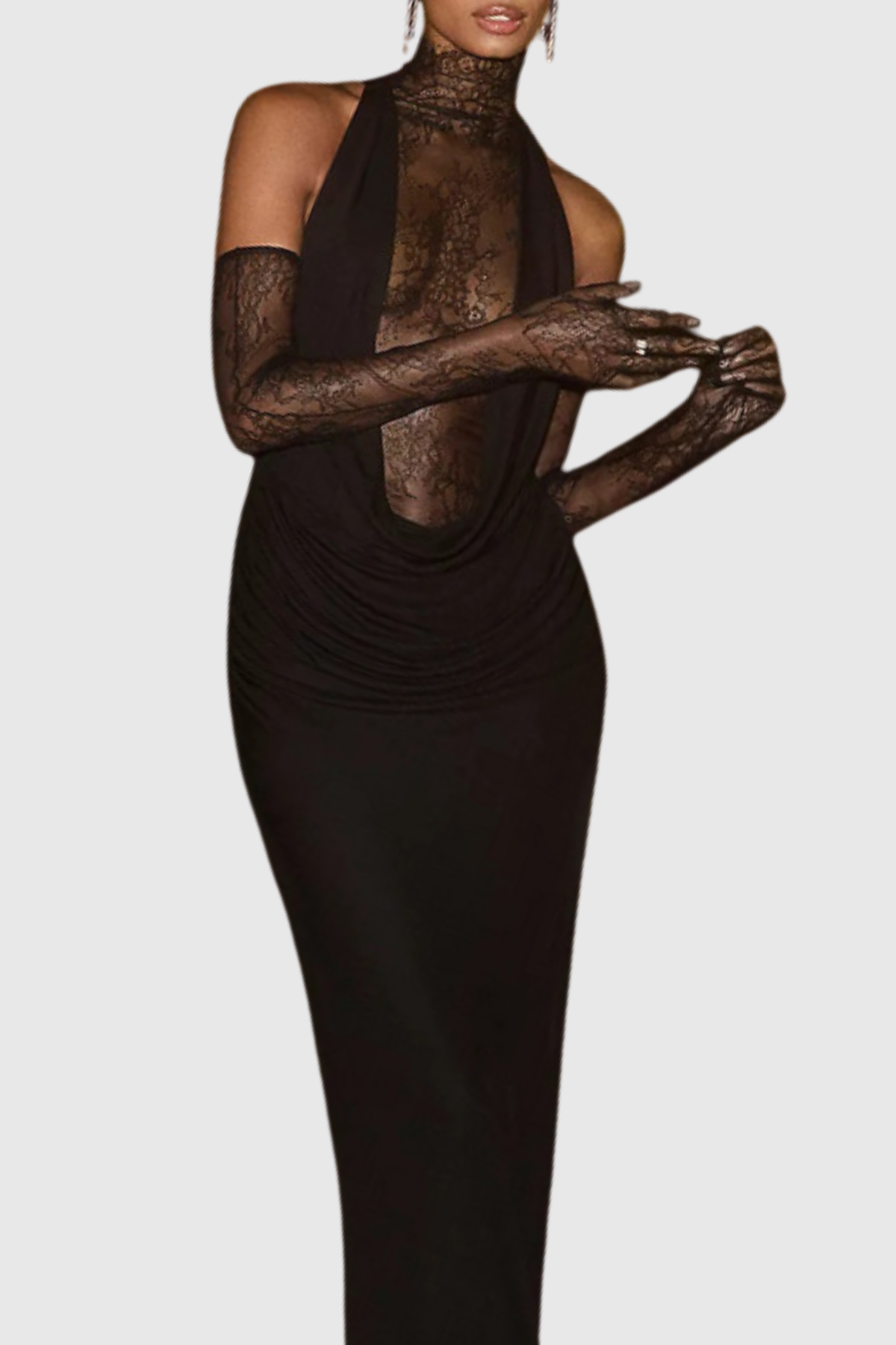 Quera Halter Lace Ruched Maxi Dress - Black