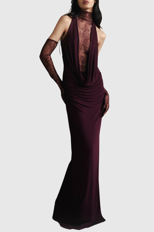 Quera Halter Lace Ruched Maxi Dress - Purple