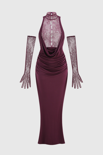 Quera Halter Lace Ruched Maxi Dress - Purple