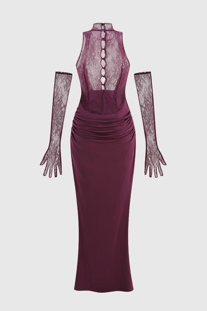 Quera Halter Lace Ruched Maxi Dress - Purple