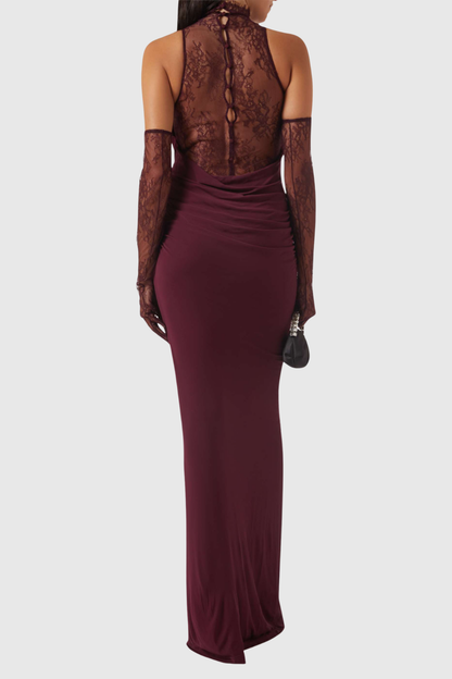 Quera Halter Lace Ruched Maxi Dress - Purple