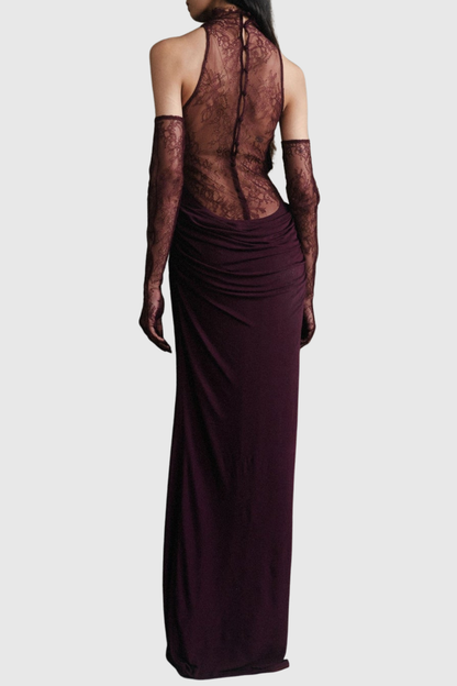 Quera Halter Lace Ruched Maxi Dress - Purple