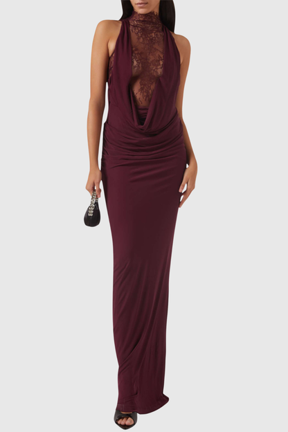 Quera Halter Lace Ruched Maxi Dress - Purple