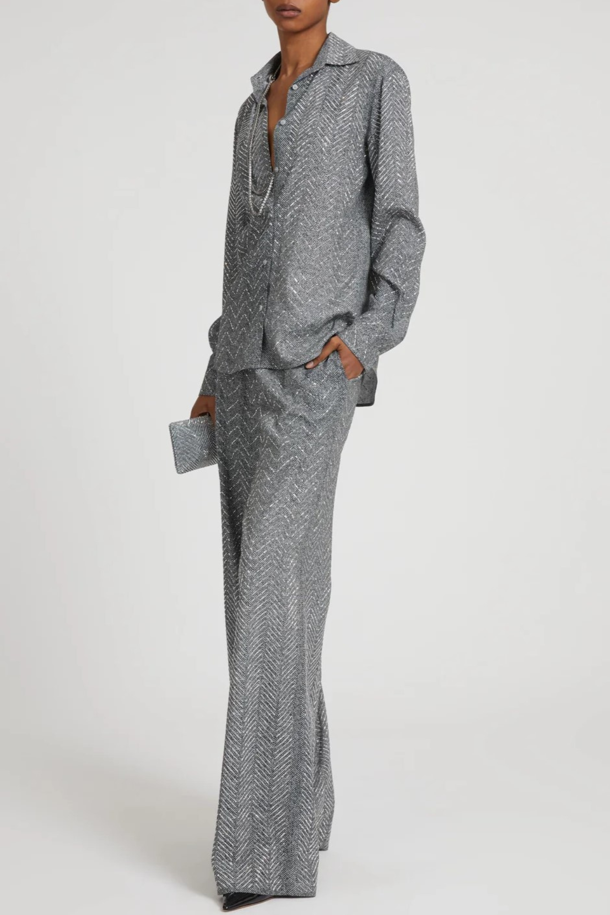 Raba Crystal Embellished Herringbone Pants - Grey