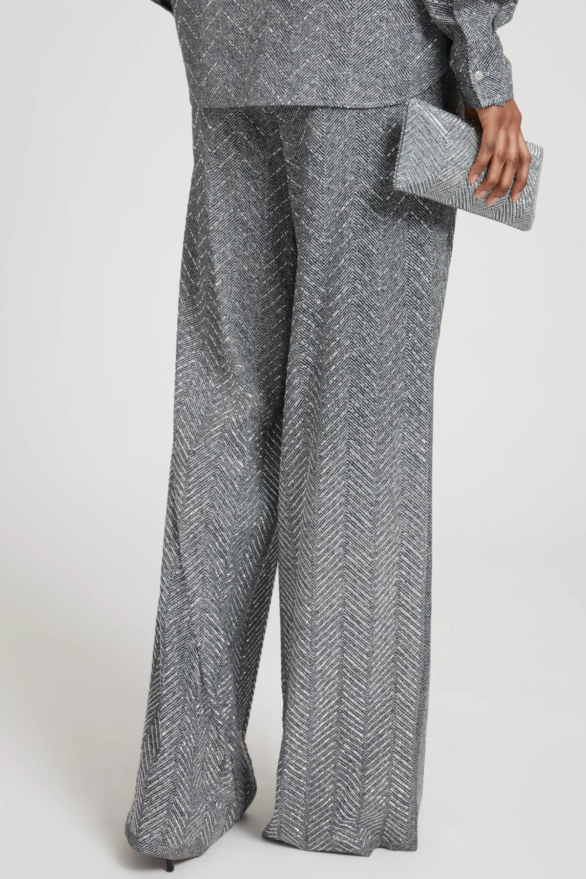 Raba Crystal Embellished Herringbone Pants - Grey