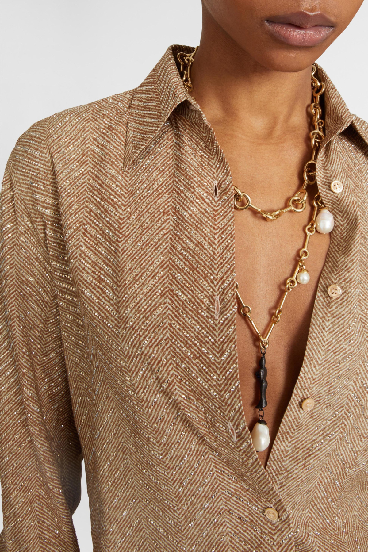 Raba Crystal Embellished Herringbone Shirt - Brown