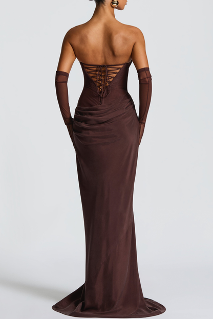 Radana Strapless Corset Satin Maxi Dress - Brown