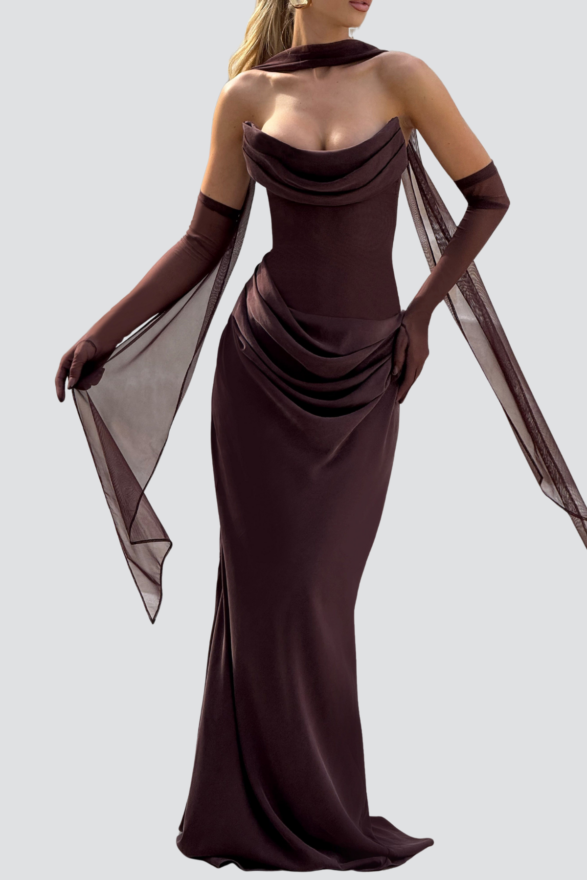Radana Strapless Corset Satin Maxi Dress - Brown