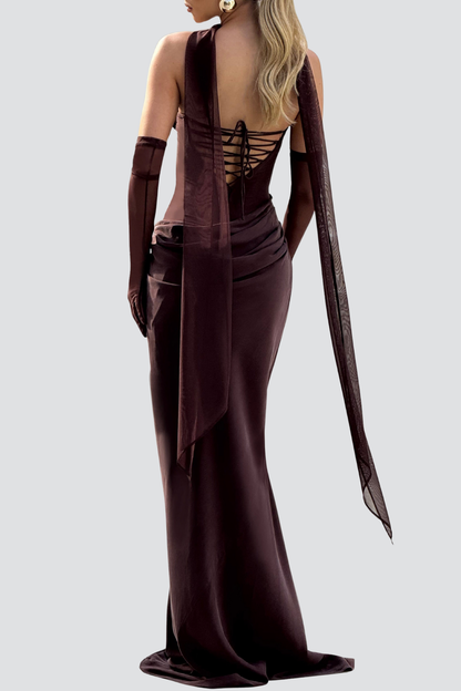 Radana Strapless Corset Satin Maxi Dress - Brown
