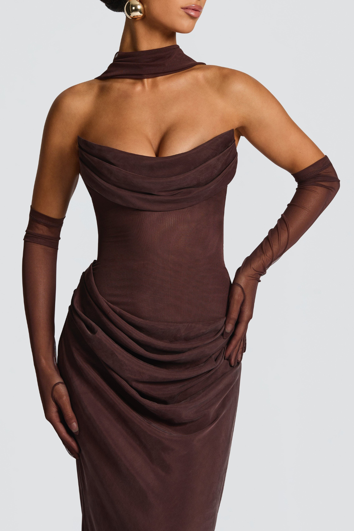 Radana Strapless Corset Satin Maxi Dress - Brown
