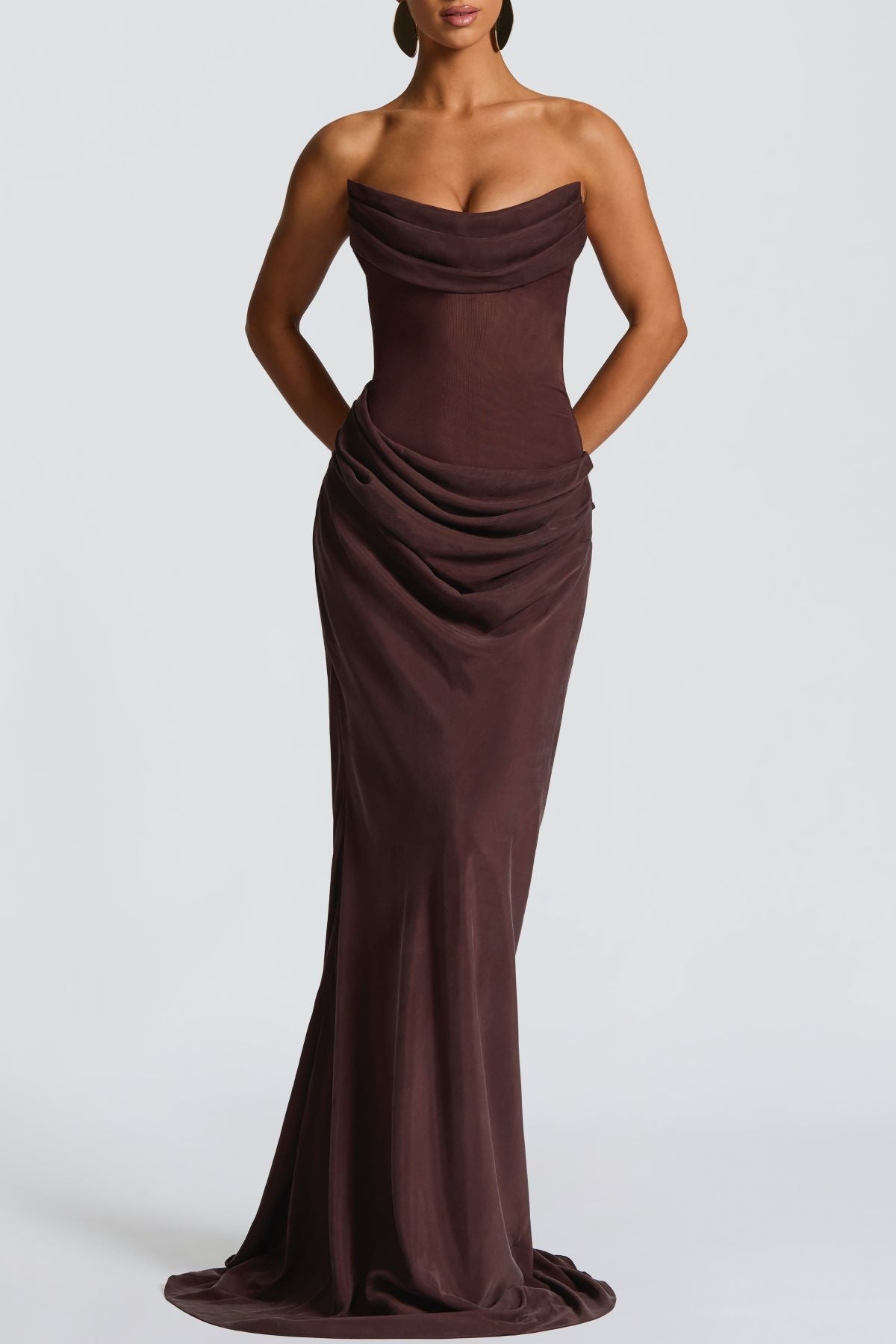 Radana Strapless Corset Satin Maxi Dress - Brown