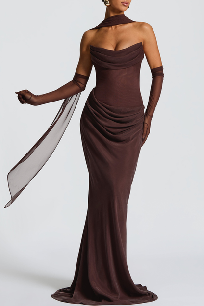 Radana Strapless Corset Satin Maxi Dress - Brown