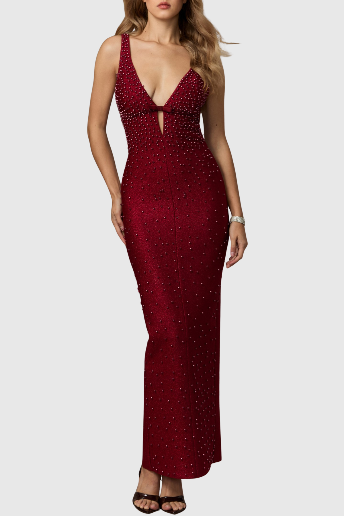 Raffa Beaded Embellished Plunge Maxi Bandage Dress