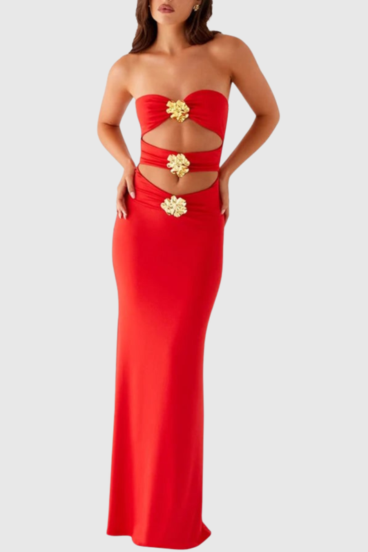 Ragka Strapless Floral Embellished Cutout Maxi Dress - Red