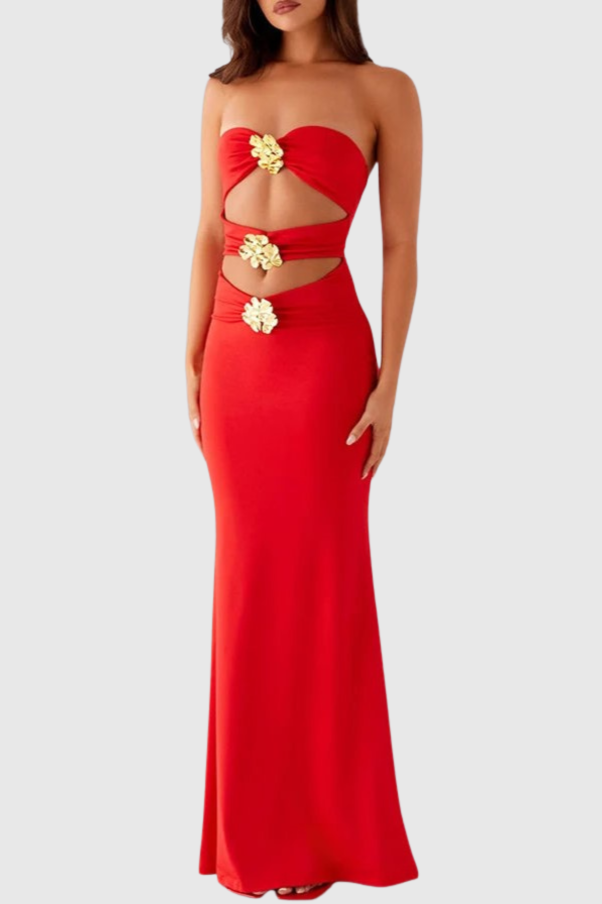 Ragka Strapless Floral Embellished Cutout Maxi Dress - Red