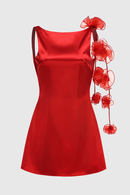 Raifa Floral Backless Satin Mini Dress - Red