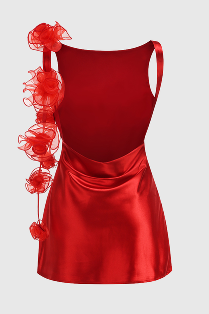 Raifa Floral Backless Satin Mini Dress - Red