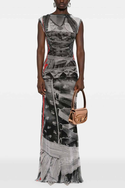 Raisa Sleeveless Printed Mesh Maxi Dress - Grey