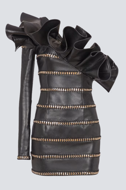Rantan One Shoulder Asymmetric Leather Ruffle Mini Dress