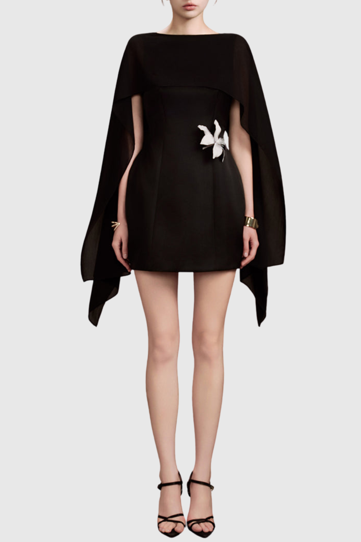 Raoul Floral Appliqué Shawl Mini Dress - Black