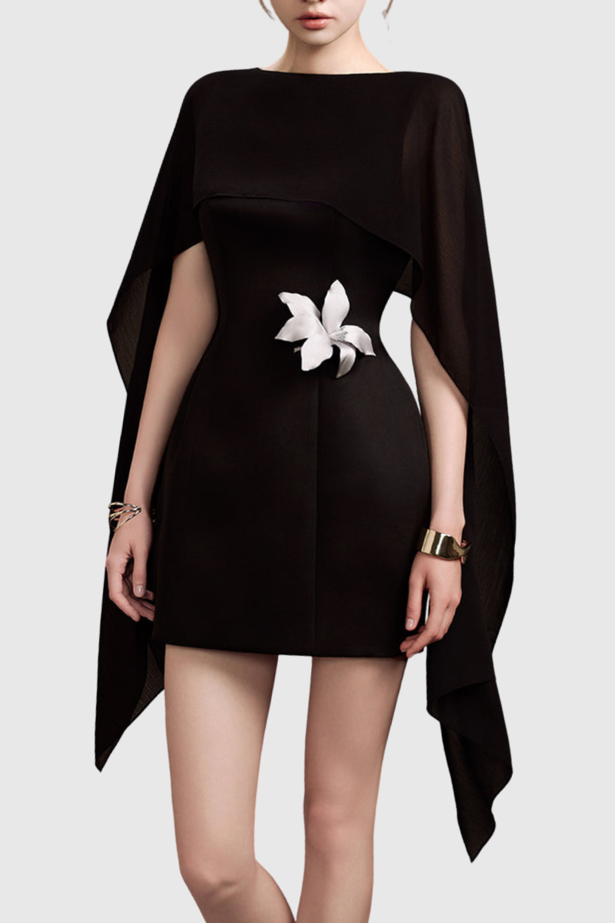 Raoul Floral Appliqué Shawl Mini Dress - Black