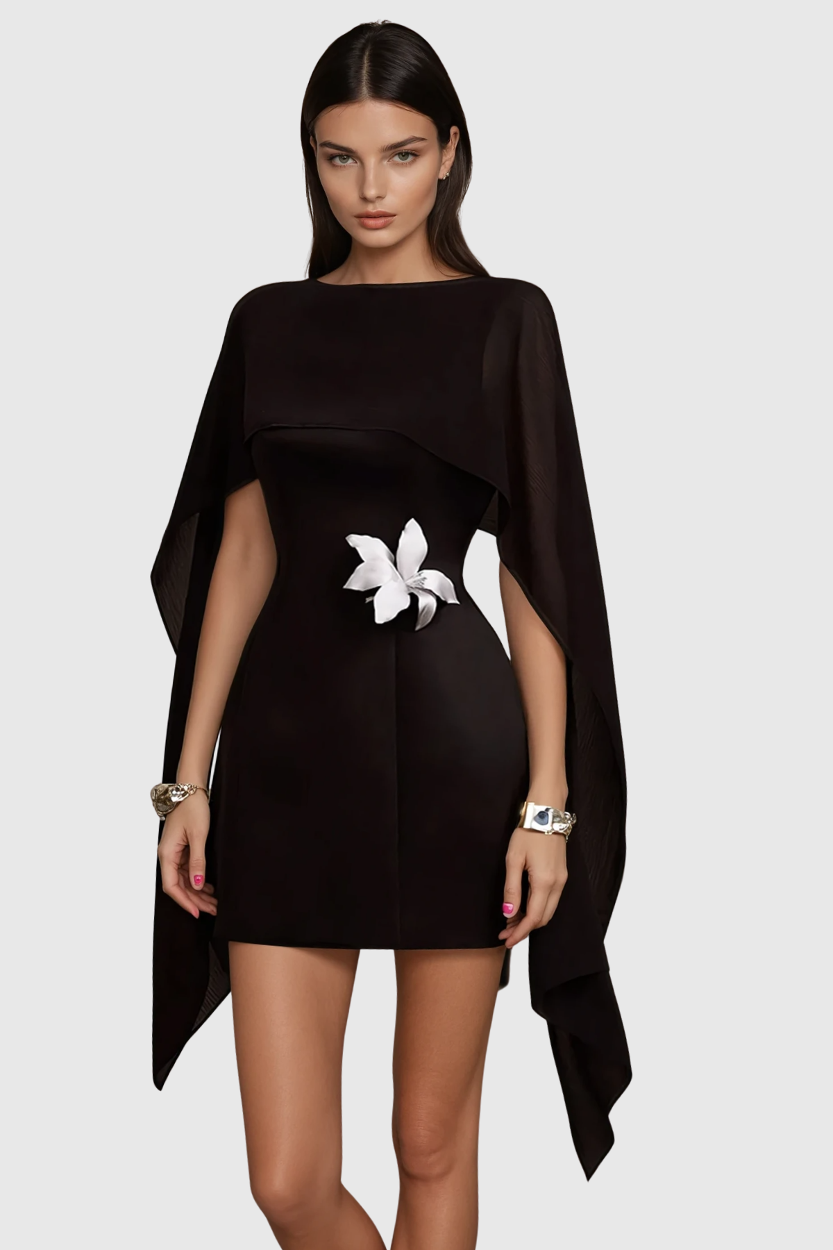 Raoul Floral Appliqué Shawl Mini Dress - Black
