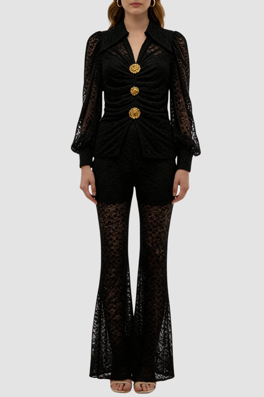 Raphe Lace Metal Button Shirt & Pants Set - Black