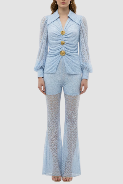 Raphe Lace Metal Button Shirt & Pants Set - Blue