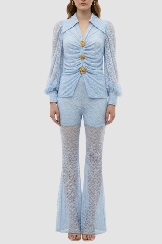 Raphe Lace Metal Button Shirt & Pants Set - Blue