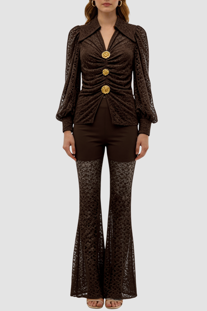 Raphe Lace Metal Button Shirt & Pants Set - Brown