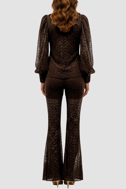Raphe Lace Metal Button Shirt & Pants Set - Brown