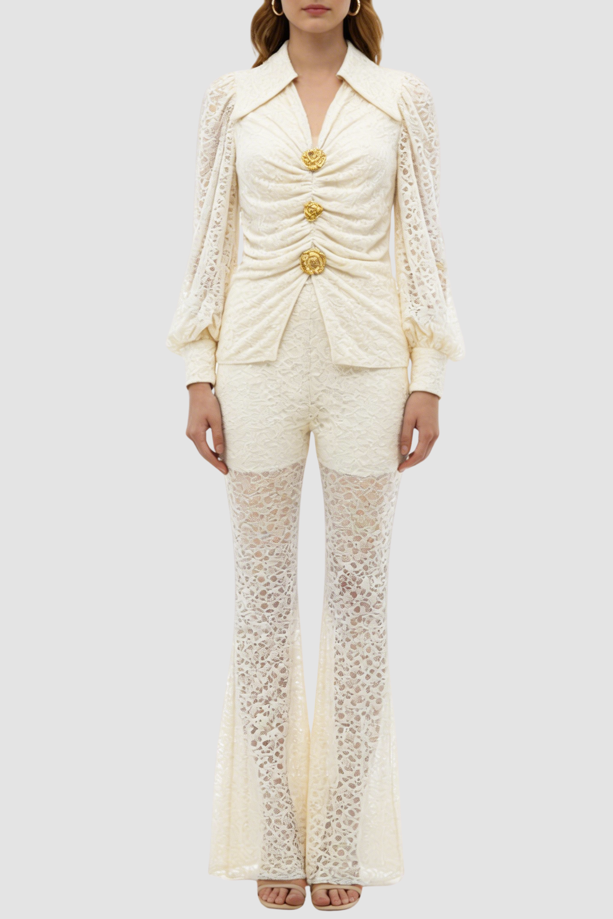 Raphe Lace Metal Button Shirt & Pants Set - White