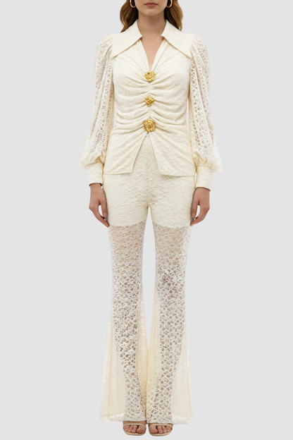 Raphe Lace Metal Button Shirt & Pants Set - White