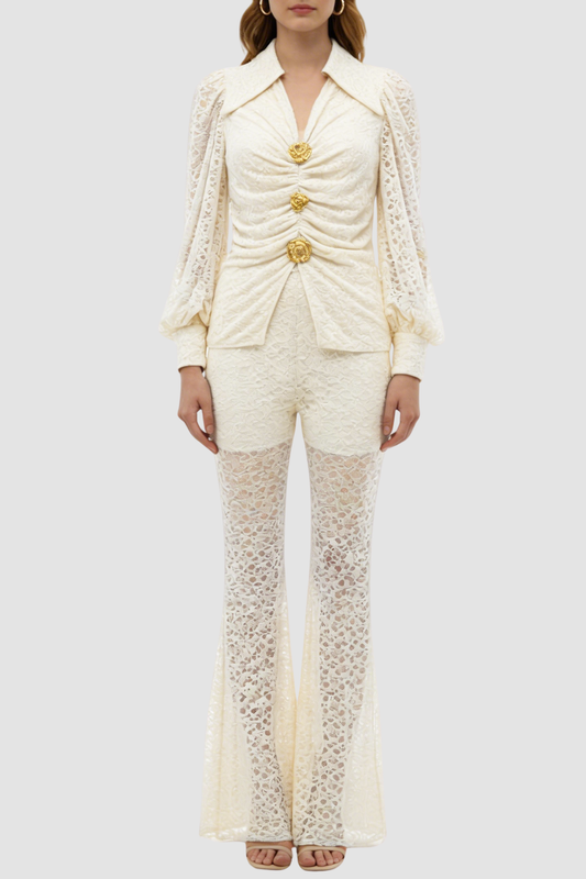 Raphe Lace Metal Button Shirt & Pants Set - White