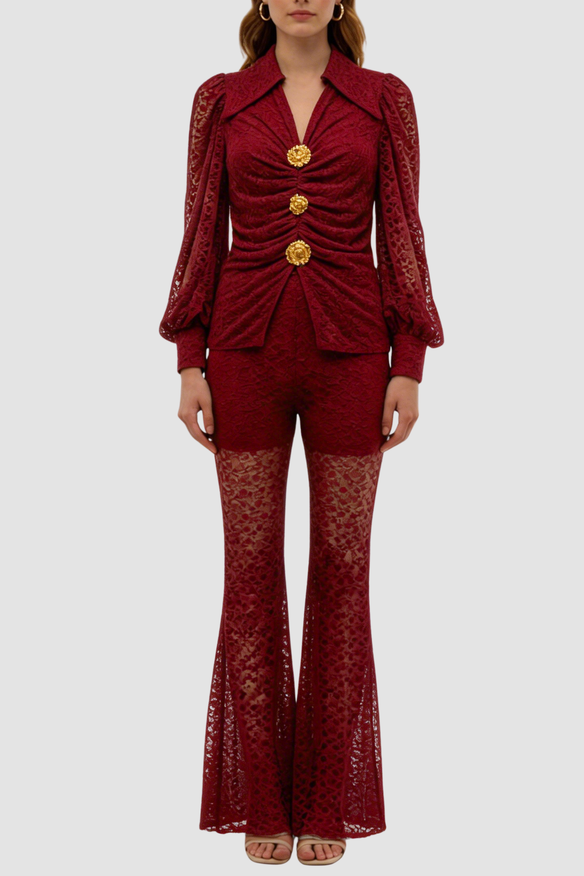 Raphe Lace Metal Button Shirt & Pants Set - Wine
