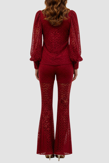 Raphe Lace Metal Button Shirt & Pants Set - Wine