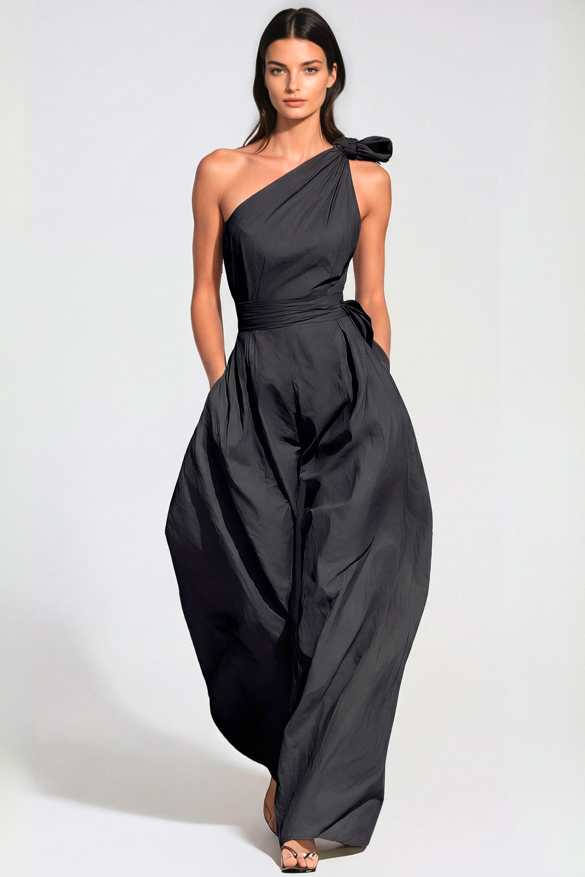 Rashana One Shoulder Twist Baggy Jumpsuit - Black